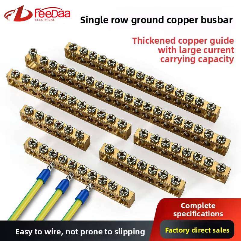 Single Row Ground Copper Busbar, Thickened Pure Copper Neutral Earth Bar, Screw Terminal Bus Bar for Distribution Box