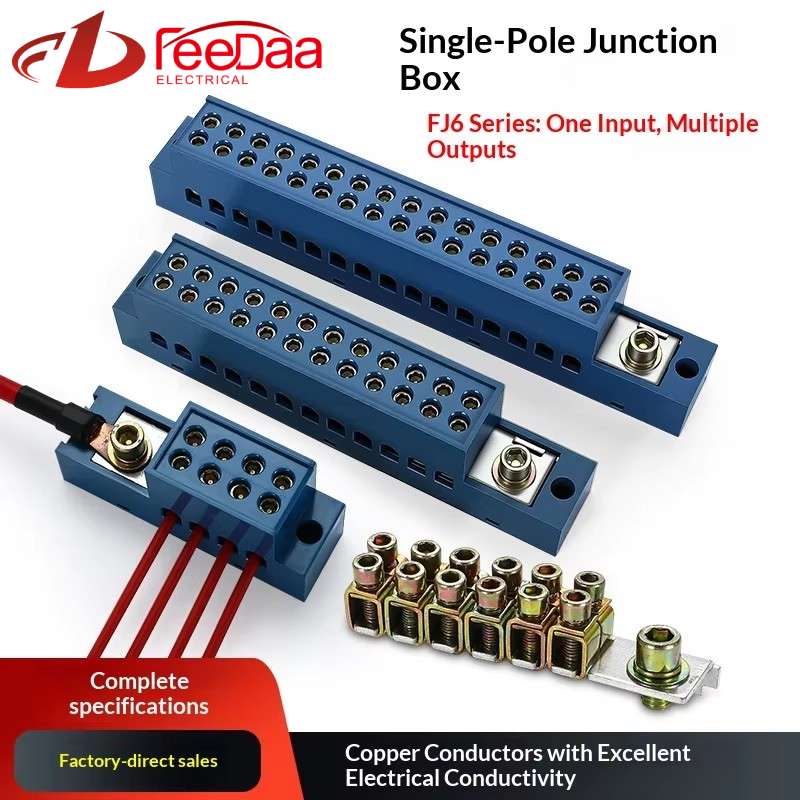 FJ6 Series Single-Pole Junction Box, One Input Multiple Outputs Copper Terminal Block, High Current Wire Splitter for Distribution Cabinet
