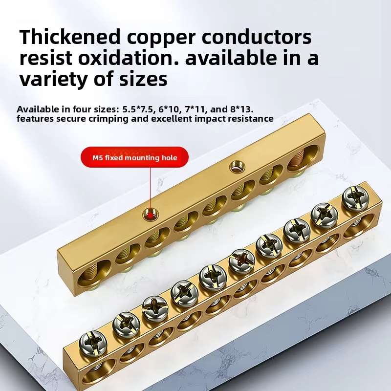 Single Row Ground Copper Busbar, Thickened Pure Copper Neutral Earth Bar, Screw Terminal Bus Bar for Distribution Box
